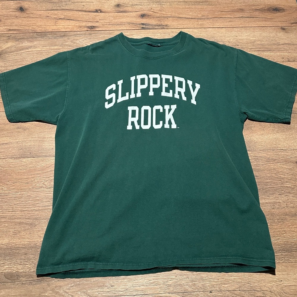 Vintage Slippery Rock T-Shirt Mens XL Green University Graphic Crew Neck Tee